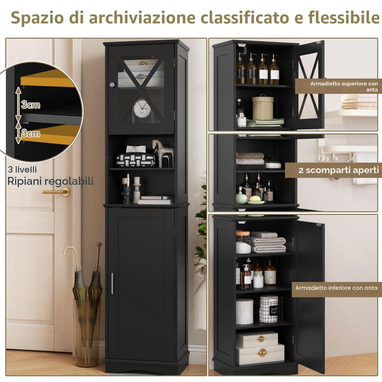 LIFEZEAL Mobile Bagno Salvaspazio, Colonna Bagno Alto e Stretto, 40x30x170,5cm, Credenza Cucina, Armadio Dispensa, Mobiletto, con Ripiani Regolabili, Scomparti, 2 Ante, in Legno, Max 80kg (nero)