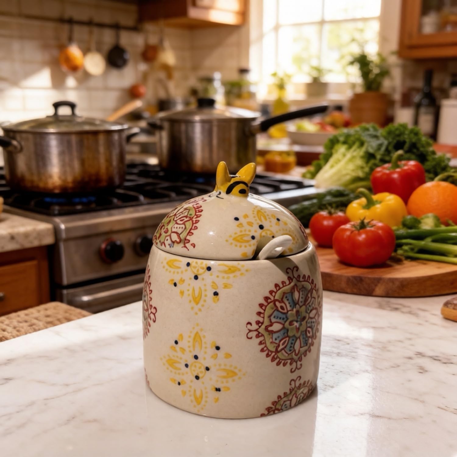 14 oz Ceramic Bee Salt Cellar with Lid and Spoon Large Bee Salt Jar for Countertop Decorative Sugar Container for Kitchen Sugar Spices Coffee