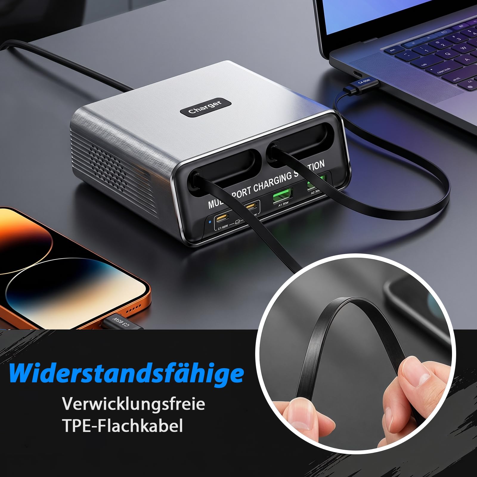 6 in 1 GaN Ladestation Mehrere Geräte, 65W USB C Schnellladegerät mit 2 Einziehbaren Kabeln, Klein Ladestation Kompatibel für MacBook/iPad/Phone 17/16/Samsung/, Silent Design mit rutschfest