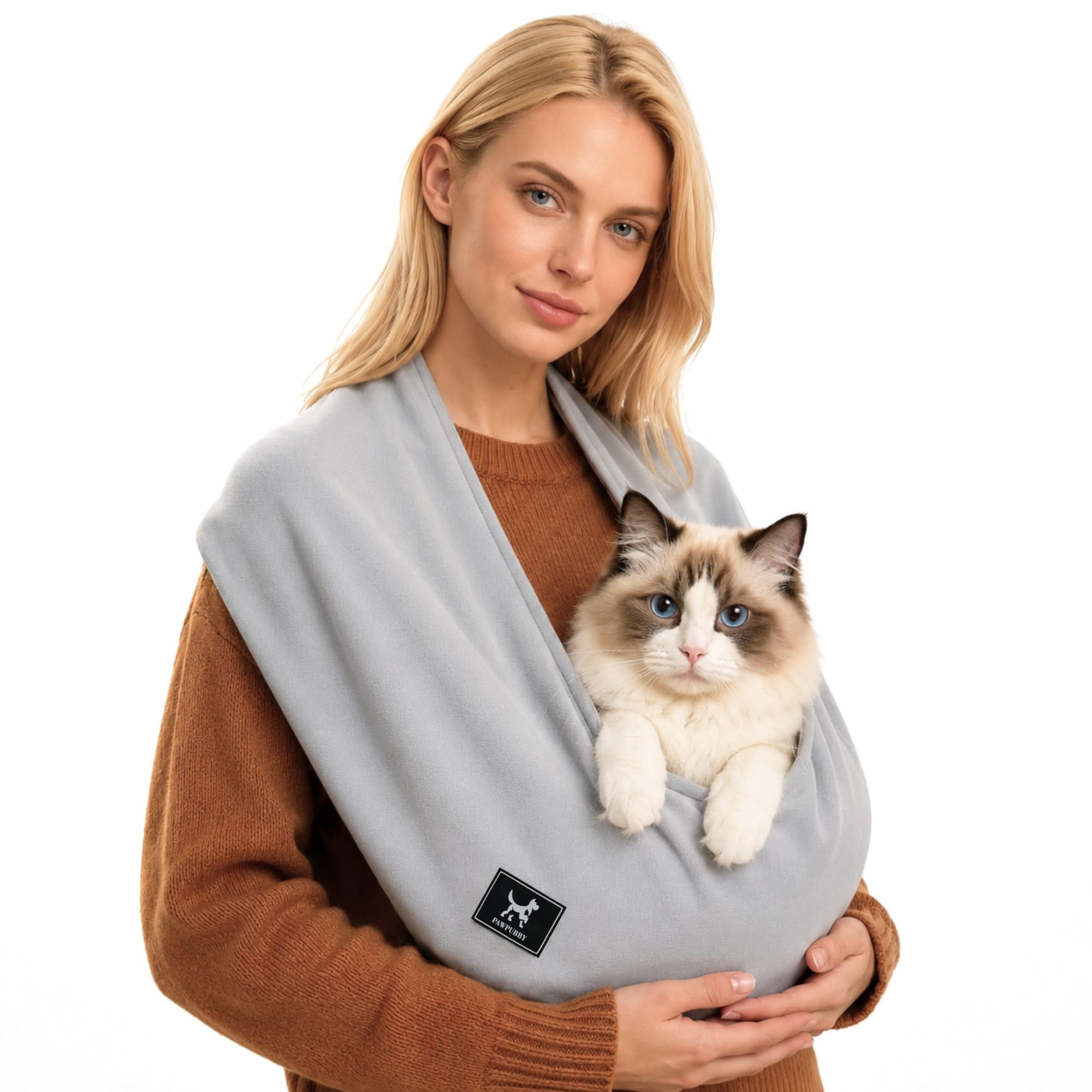 PAWPUBBY Cat Carrier Sling, Hands-Free Pet Sling Carrier for Small Dogs & Cats - Soft Breathable Kitten Pubby Sling Carrier Calming Kangaroo Pouch, Indoor Snuggling & Travel(Light Grey, Medium)