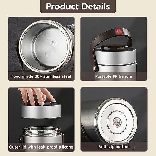Miniatura 3 de Tarro de comida aislado, lonchera Bento portátil de 2 litros, termo apilable de 3 capas para comida caliente, barril aislado al vacío de acero