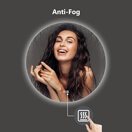 Miniatura 4 de ROOMTEC Espejo redondo LED de 32 pulgadas, montado en la pared, retroiluminación de 6000 K, tocador de baño iluminado regulable, antivaho