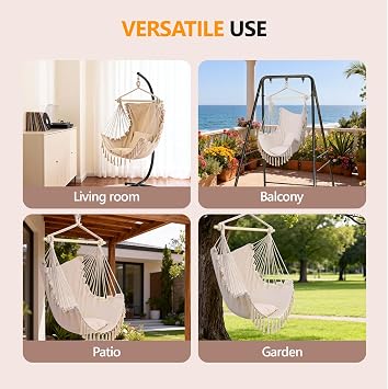 ONCLOUD Hammock Hanging Chair with Two Cushions Portable Caribbean-Style Outdoor/Indoor Hanging Seat with Cushions, 500lb Capacity, Beige