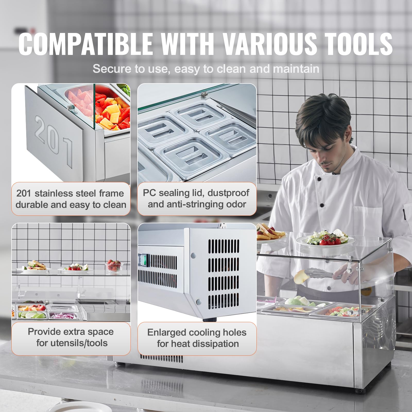VEVOR Stazione di Preparazione Refrigerata per Condimenti da Banco 140 W Stazione di Preparazione per Frigorifero con 1 Vaschetta 1/3, 4 Vaschette 1/6, Corpo in Acciaio Inossidabile 304, Coperchio PC