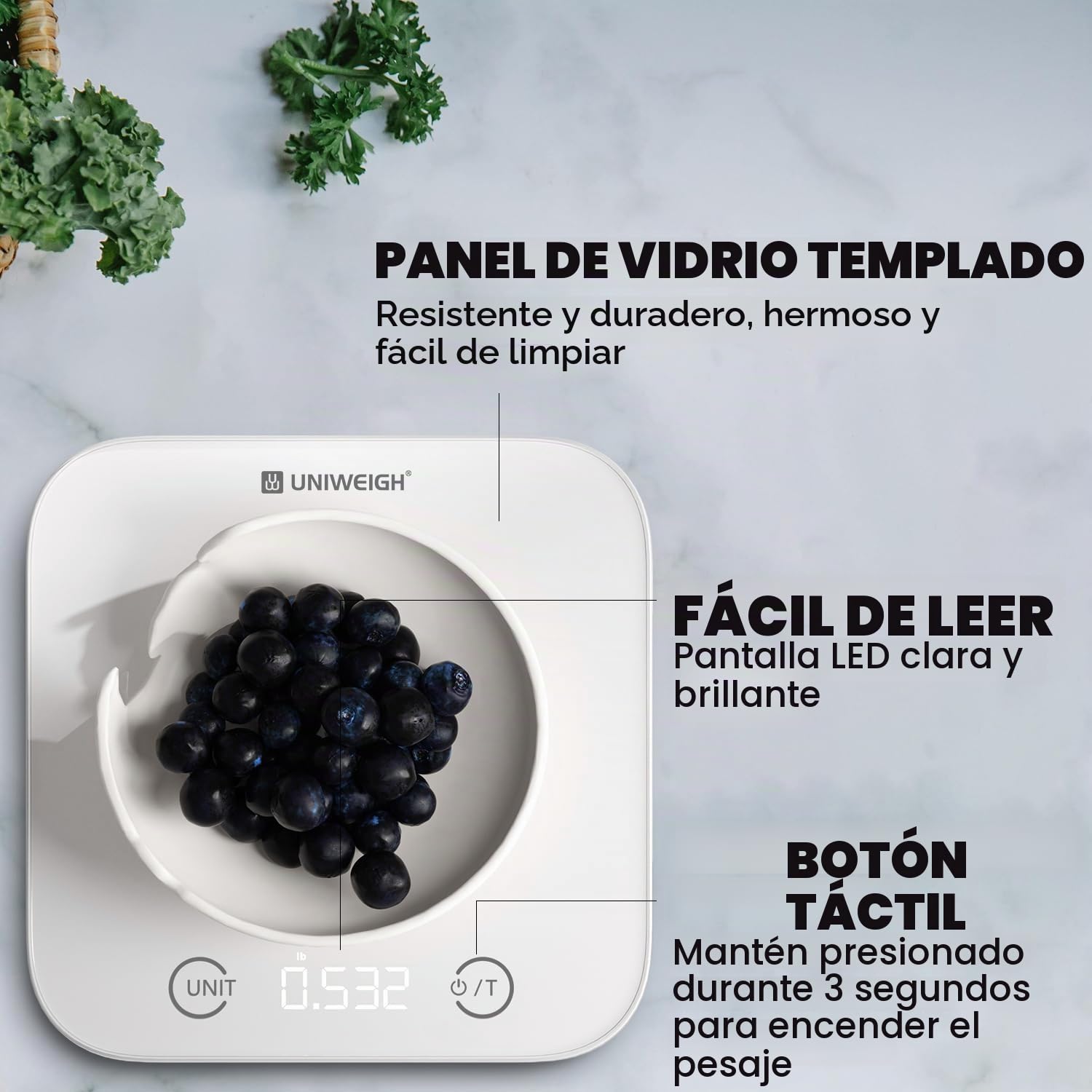 UNIWEIGH Paquete de cocina y baño- Báscula digital de alimentos gramos11lb,Báscula delgada de peso corporal 400lb,Cristal templado,Pantalla LCD con botón táctil,Medición precisa del peso,blanco.