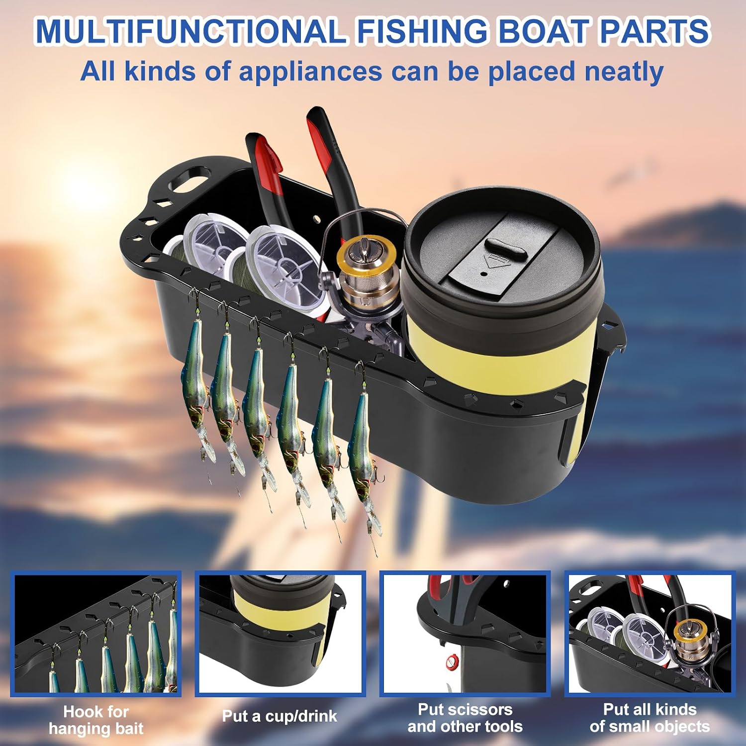 Boat Caddy Organizer, Boat Cup Holder, Multifunctional Boat Storage Organizer, Fishing Tool Holder Pontoon Cup Holder Fishing Drink Holder for Boat, Kayak, Pontoon, Bass Boat, Jon Boat