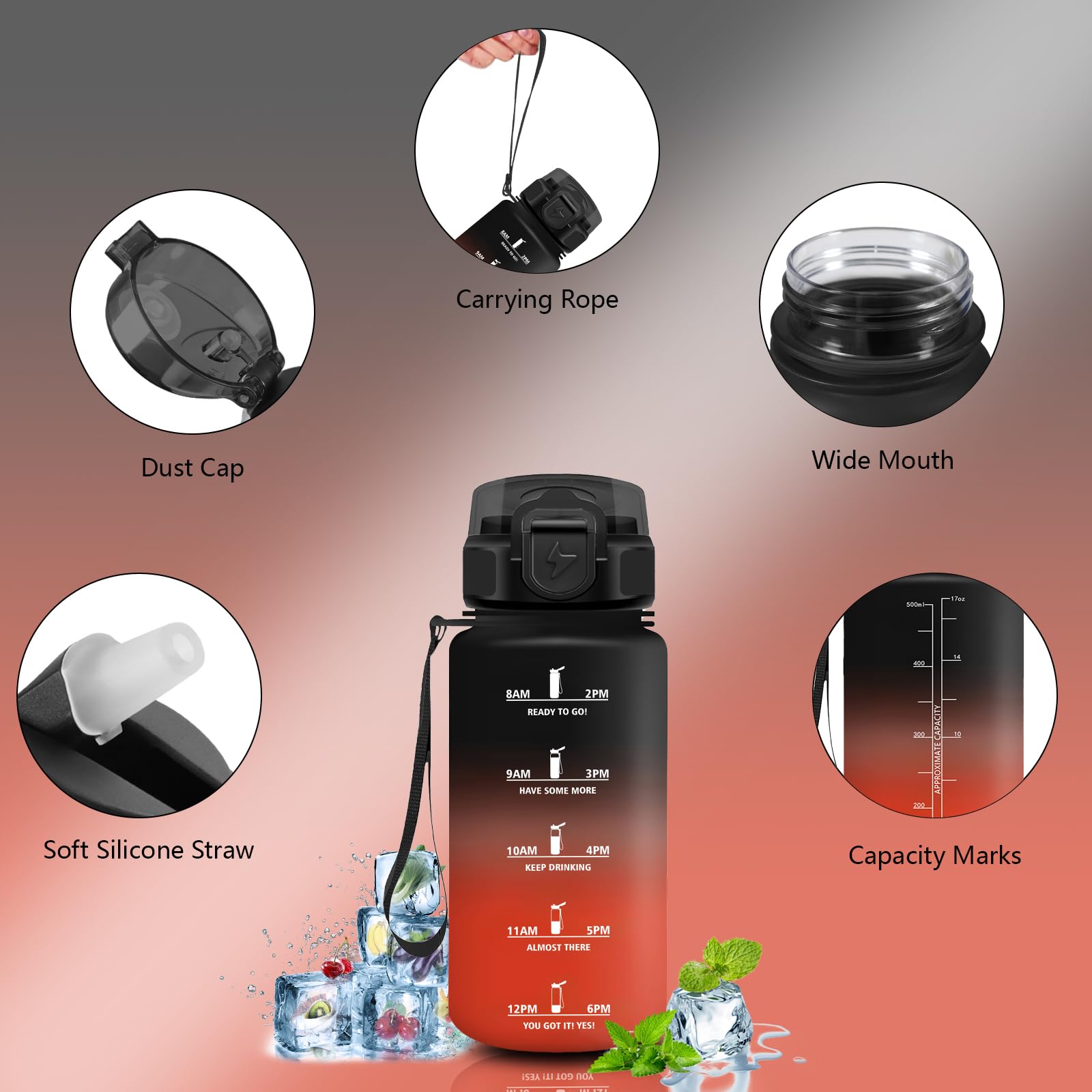 Gourde 500ml, Gourde Enfant avec Marqueur de Temps, Verrou de Sécurité, Anti Fuite Bouteille d'eau Motivation, Facile à Nettoyer, Gourdes avec Paille pour École, Velo, Gym - 3