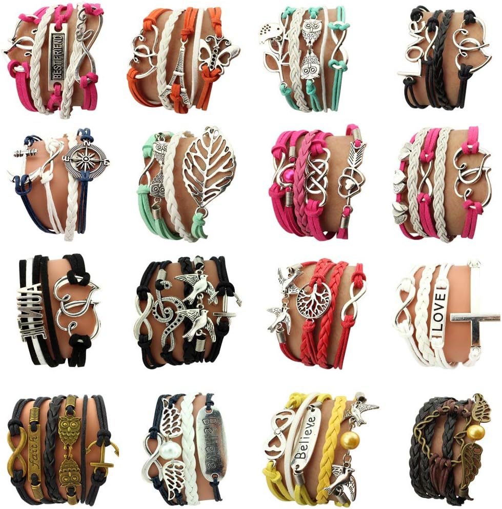 16pcs Handmade Braided Multi Layers Vintage Woven Rope Woven Leather Alloy Owl Infinity Wrap Bangle Bracelets by OUR SUPER DEALS