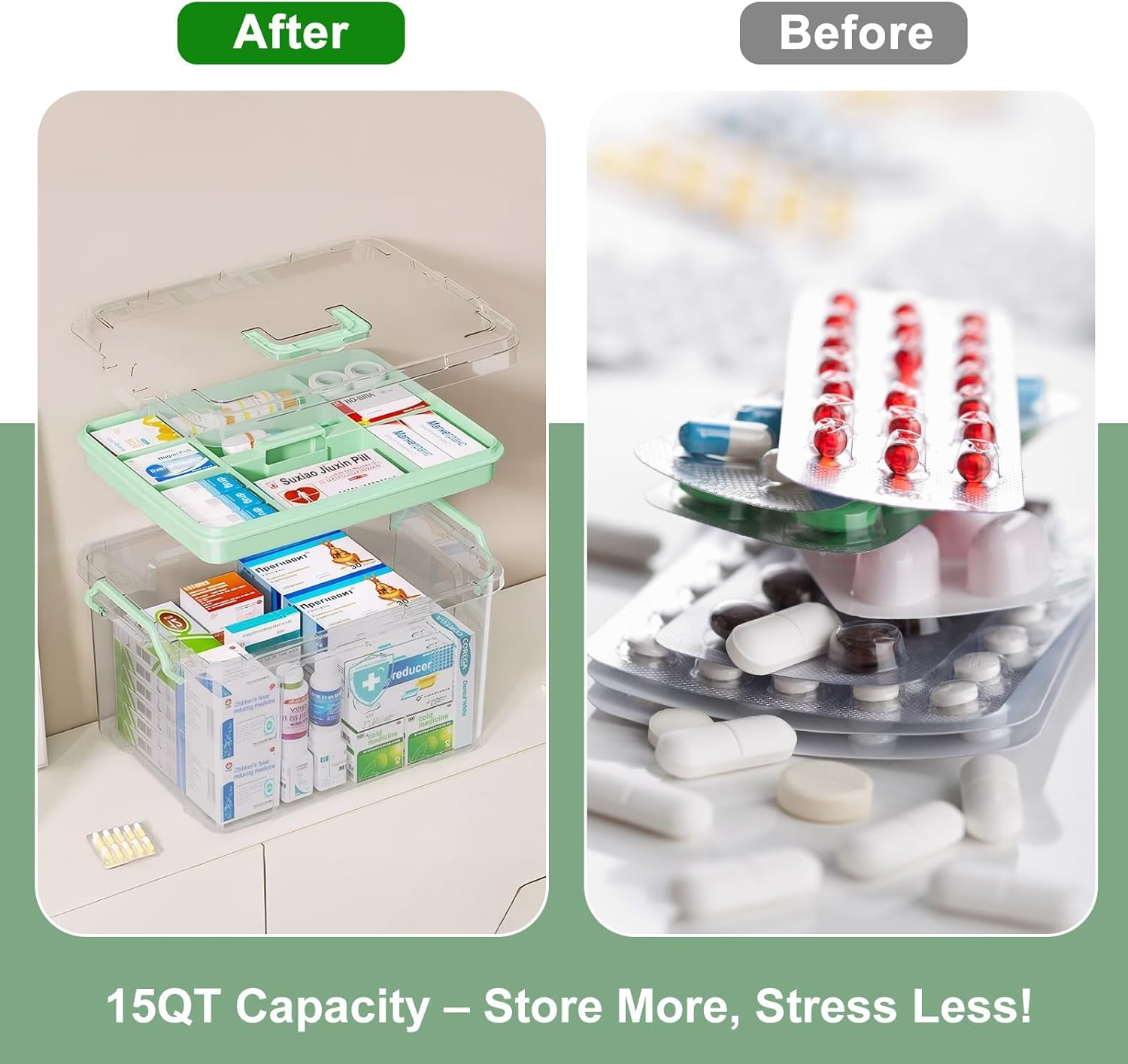 2 Pack Clear Medicine Organizer Box with Handle, Plastic Medicine Container with Tray First Aid Box Empty, Thickened Medicine Storage Organizer Multipurpose Medication Organizer Storage