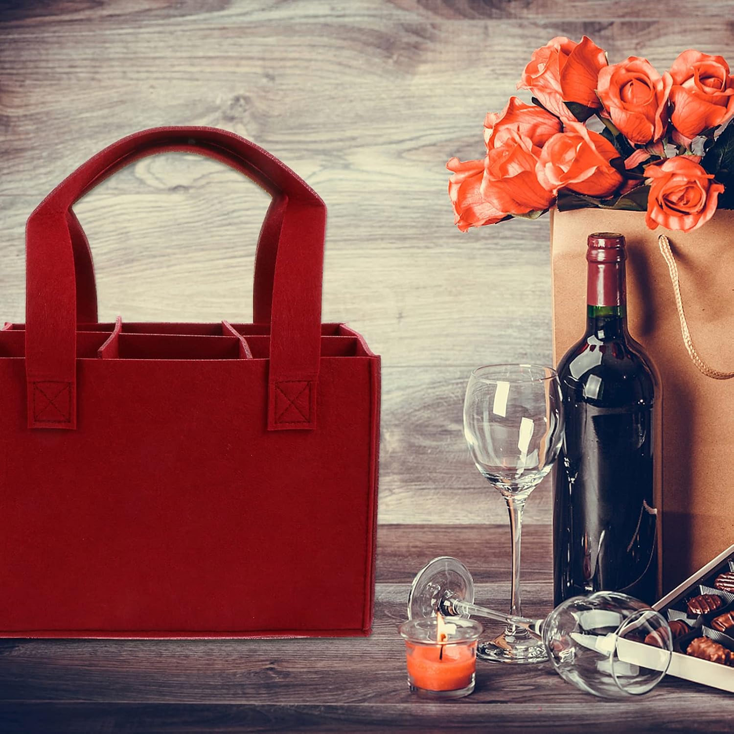 6 Bottle Wine Carrier with Divider Felt Wine Storage Tote Bag with Handle