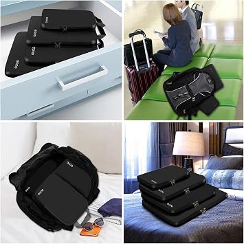 Eono Compression Packing Cubes, Luggage Organiser Set, Extensible Suitcase Organiser, Packing Organisers for Suitcases, Packing Cubes for Travel or Home Storage - Black, 3 Set