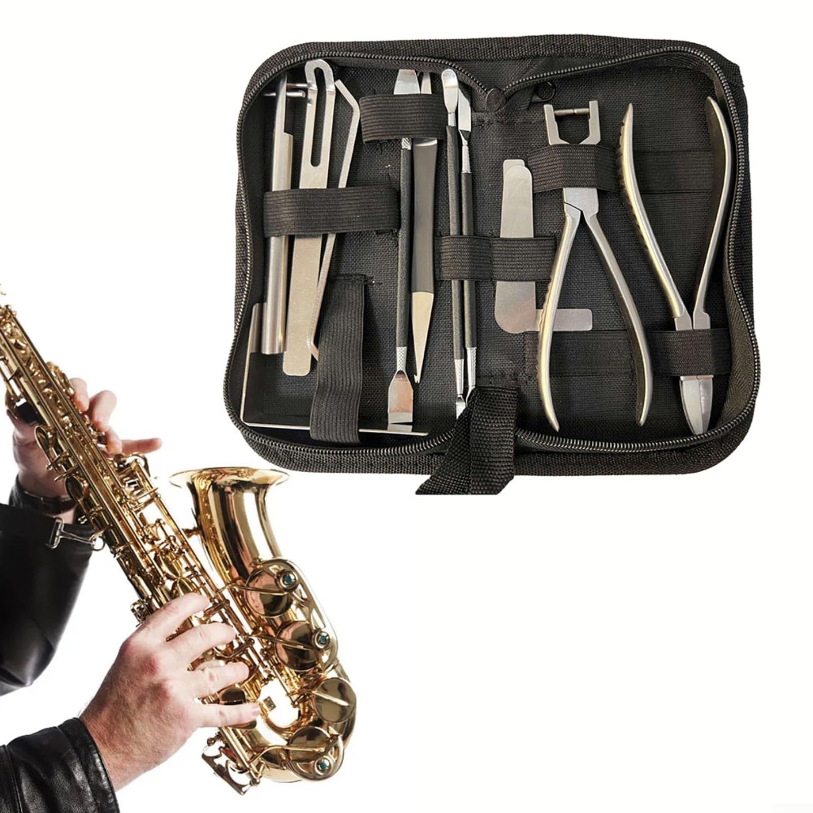 Kit de herramientas de reparación de saxofón de acero inoxidable para WOODWIND, juego de mantenimiento para flauta de clarinete de saxofón, oboe con bolsa de almacenamiento para músicos Luthiers