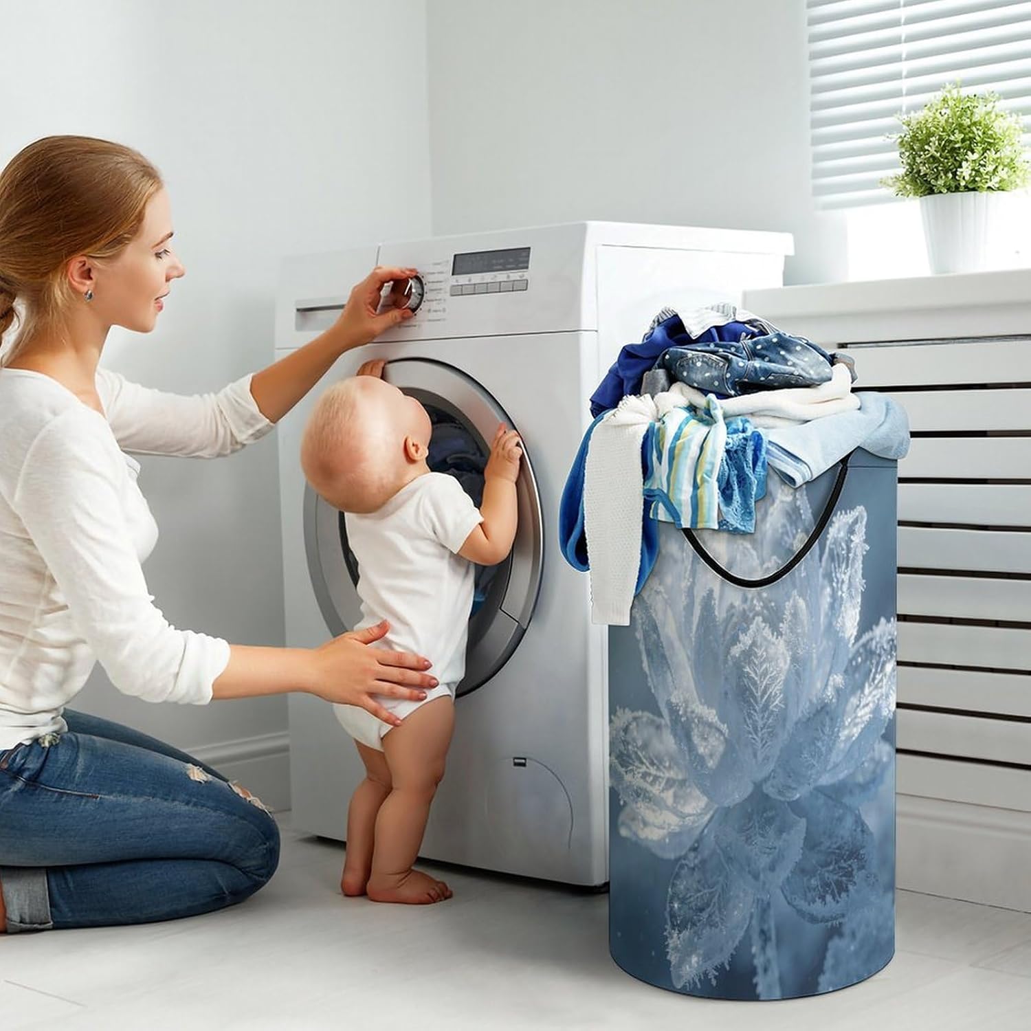 Ice Lotus Laundry Hamper 86L Waterproof Collapsible Clothes Basket with Double Handles Freestanding Foldable Laundry Basket Large Clothes Hamper for Bathroom