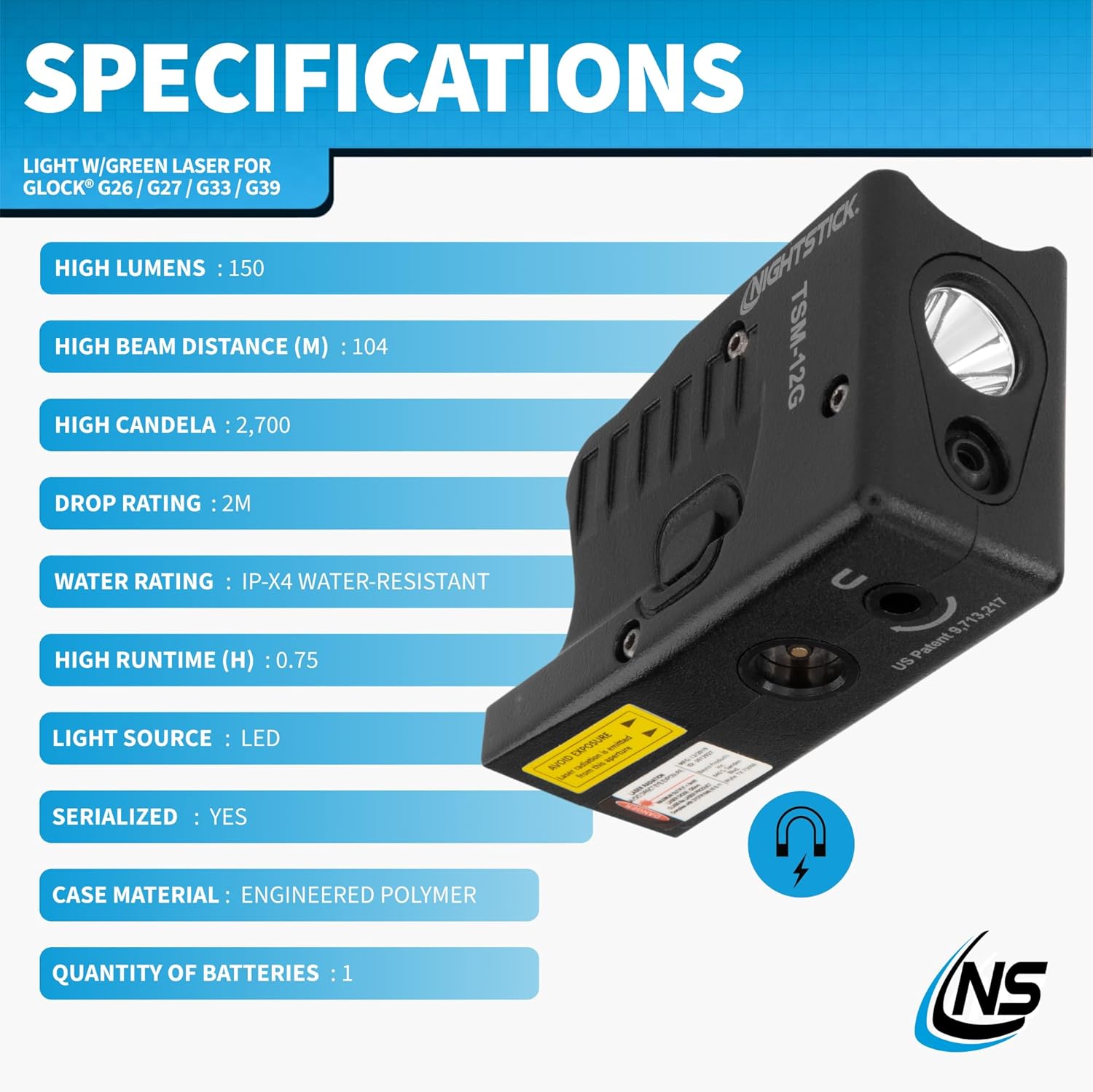 Nightstick TSM-12G 150-Lumen Rechargeable Tactical Light w/Green Laser Sight - Ip-X4 Water-Resistant Handgun Lights for Glock G26, G27, G33 & G39