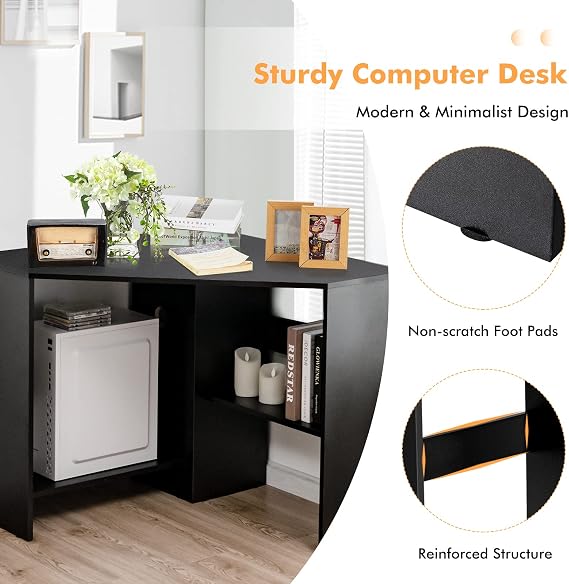 COSTWAY Corner Computer Desk, Space-Saving Triangular Writing Desk w/ 2 Storage Shelves & 2 Cable Holes, Multi-Functional Console Table for Small Space in Home Office, Living Room, Bedroom (Black)