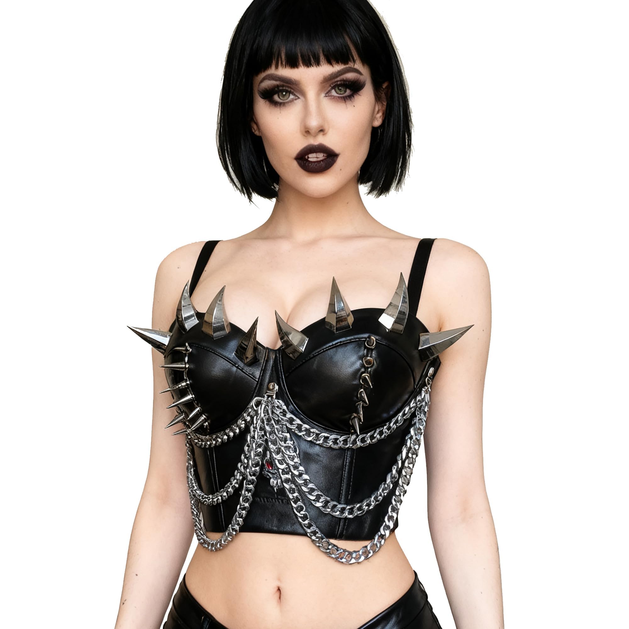 Plus Size Gothic Punk PU Leather Push Up Bustier Corset Crop Top Bra Rave Rider Outfits Clothing