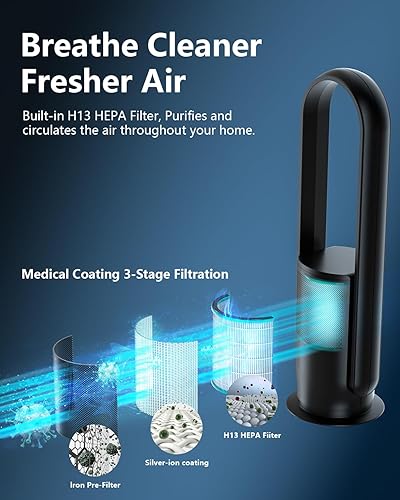 Miniatura 3 de ULTTY - Combo de ventilador de torre sin aspas y purificador de aire, con dos filtros HEPA 99.97 % de humo y polvo de caspa de polen, ventilador de