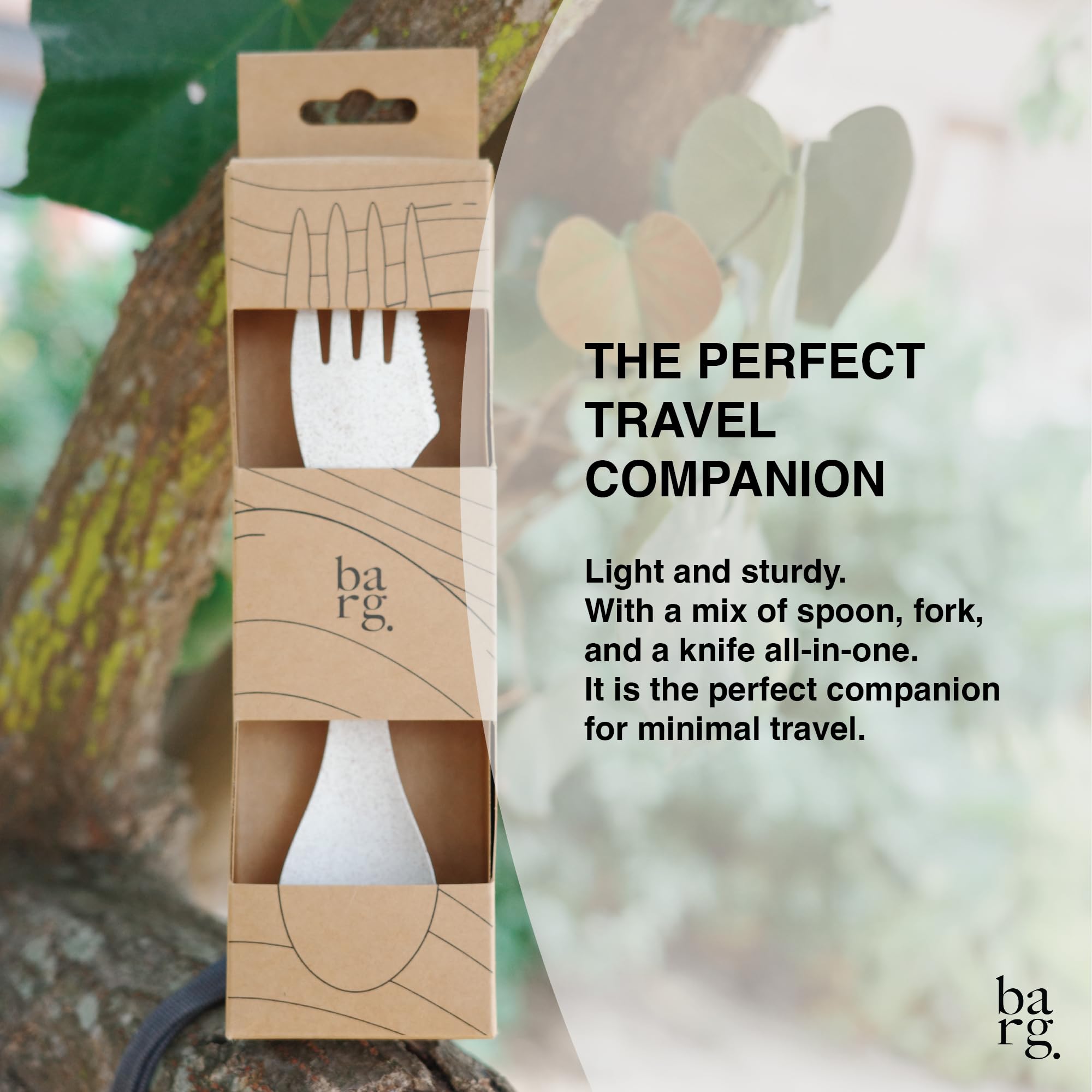 Spork by barg. Bamboo Fiber Travel Utensil for Everyday Use, BPA-free and Organic Material, Reuseable, Recyclable, 3-in-1 spoon-fork-knife, Light Weight Carry Design
