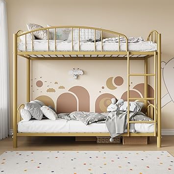 Bunk Bed Twin Over Twin with Stairs and Arched Guardrail, Sturdy Metal Slats Support, Space Saving, Noise Free, No Box Spring Needed, Ideal for Kid Room and Dorm, Gold