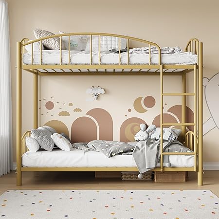 Bunk Bed Twin Over Twin with Stairs and Arched Guardrail, Sturdy Metal Slats Support, Space Saving, Noise Free, No Box Spring Needed, Ideal for Kid Room and Dorm, Gold
