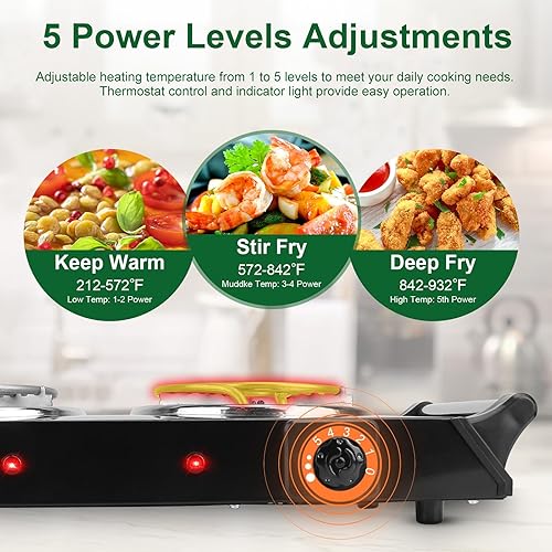 Miniatura 4 de Placa caliente para encimera, quemador doble eléctrico portátil de 2000 W, estufa de calefacción de bobina, placa caliente eléctrica con asas, 5
