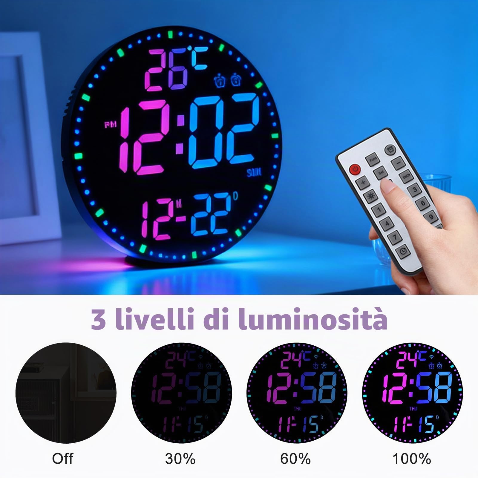 Orologio da parete digitale da 12 pollici con luce notturna, orologio da parete digitale con telecomando, allarme, grande orologio digitale, con luce notturna, 12 colori RGB visualizzazione della