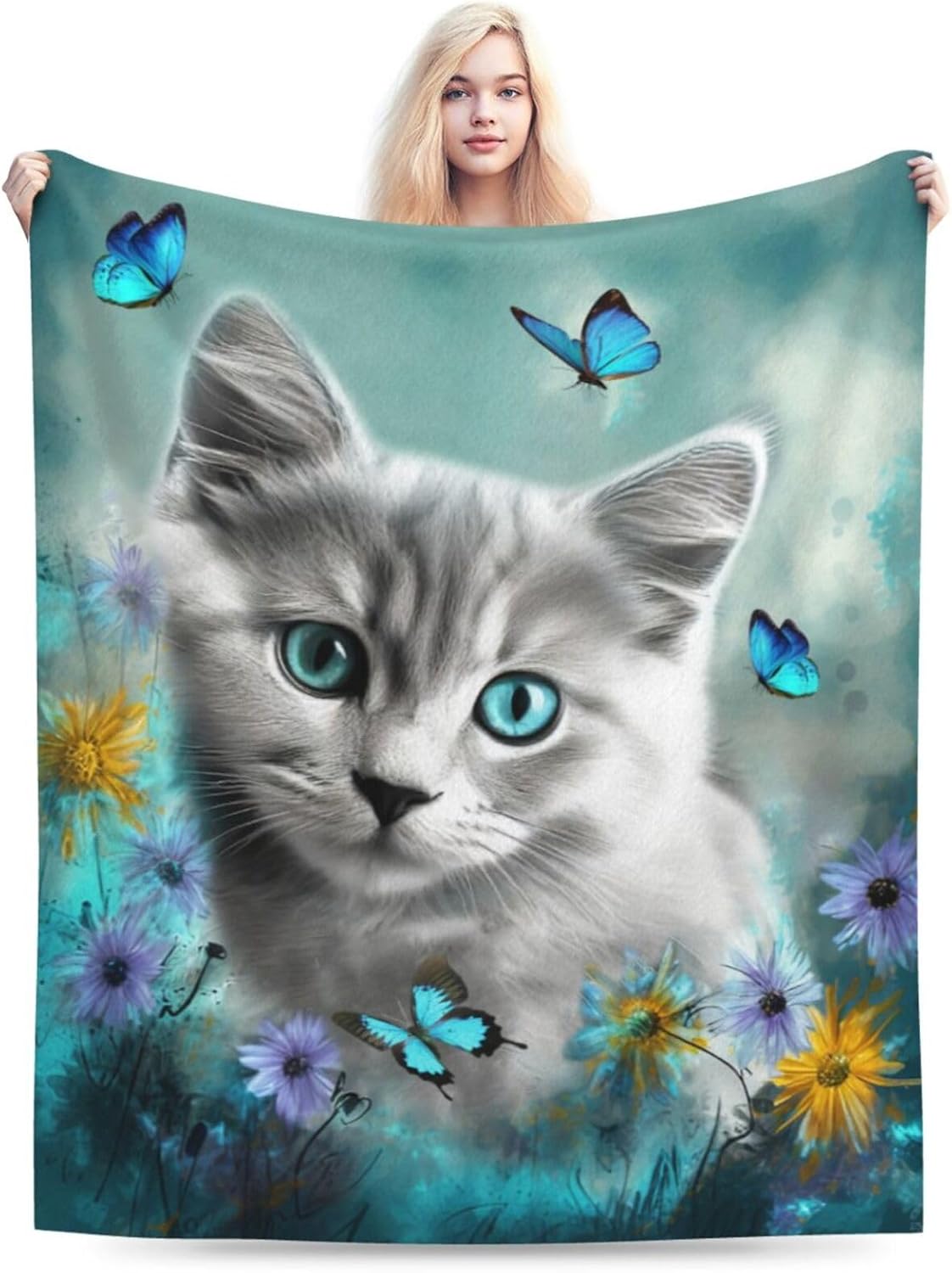 Cute Cat with Blue Butterfly Throw Blanket - Ultra Soft Cozy Fleece Kitten Blanket for Girls, Women & Kids - 60"x80" Cat Lover Gifts