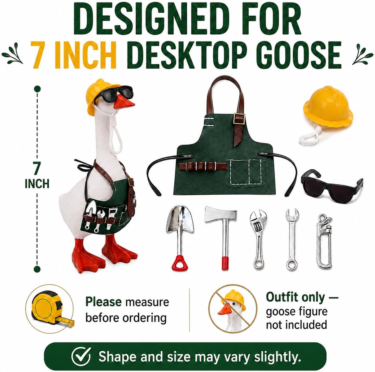 Desk Goose Outfits for 7 Inch Desktop Goose, Gardener Home Repair Set with Green Apron, Hard Hat, Sunglasses, No-Lens Glasses and Mini Tools