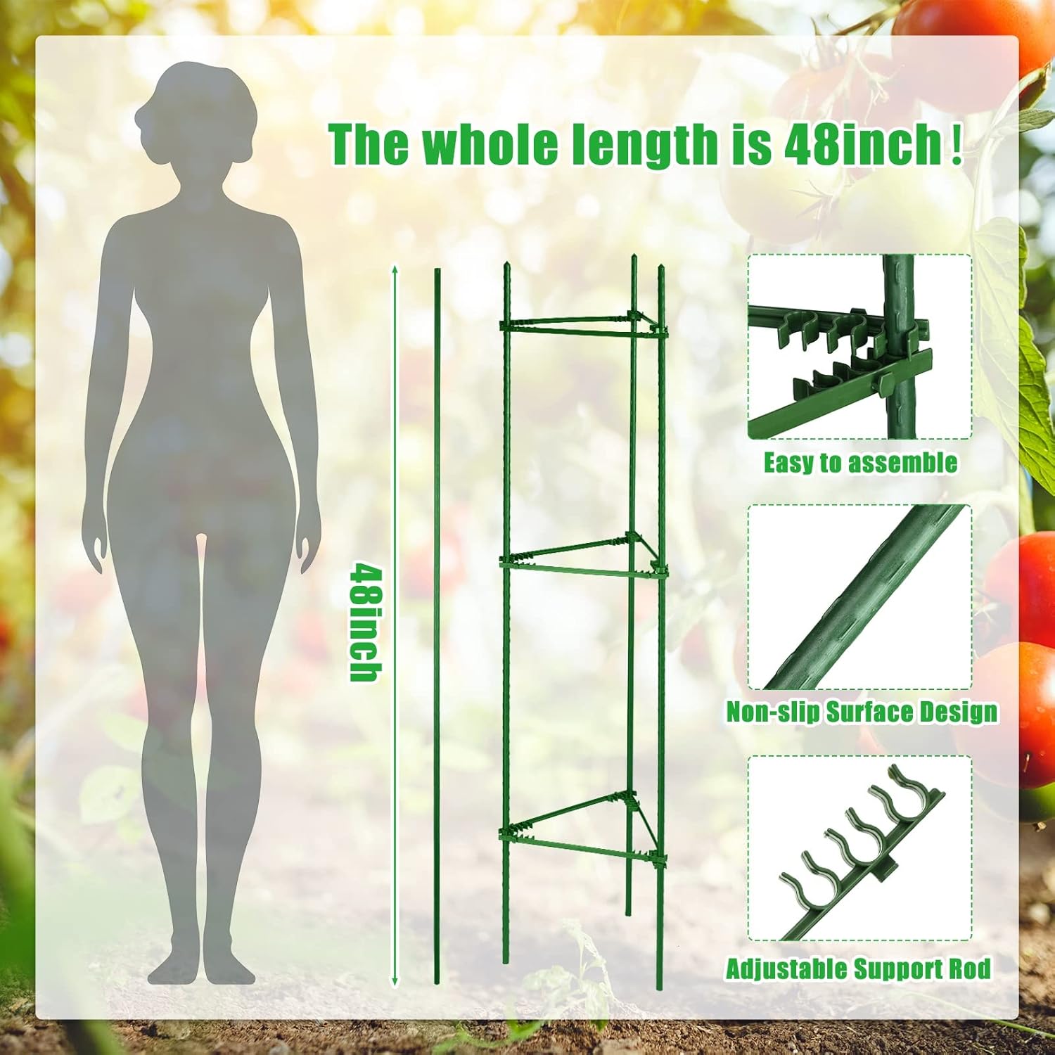 10 Packs Tomato Cages for Garden Support Up to 48" Tomato Plant Stakes Support with Adjustable Snap Arms Clips Plastic Coated Alloy for Outdoor Beans Potted Climbing Plant Supplies(Green)