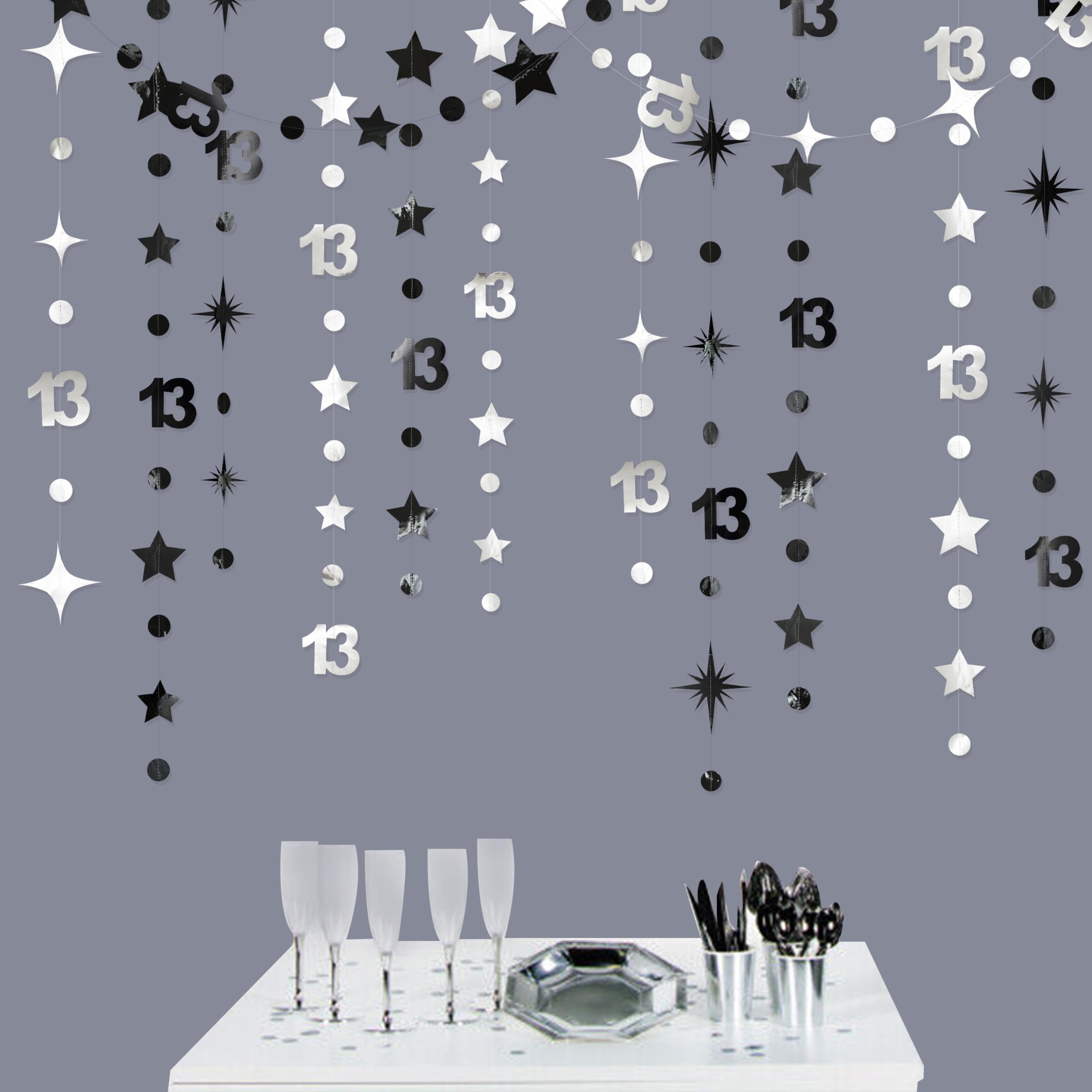 Silver Black 13th Birthday Decorations Number 13 Circle Dot Twinkle Star Garland Hanging Streamer Bunting Banner Backdrop Girls Boys 13 Years Old Birthday Thirteen Official Teenager Party Supplies — image 1