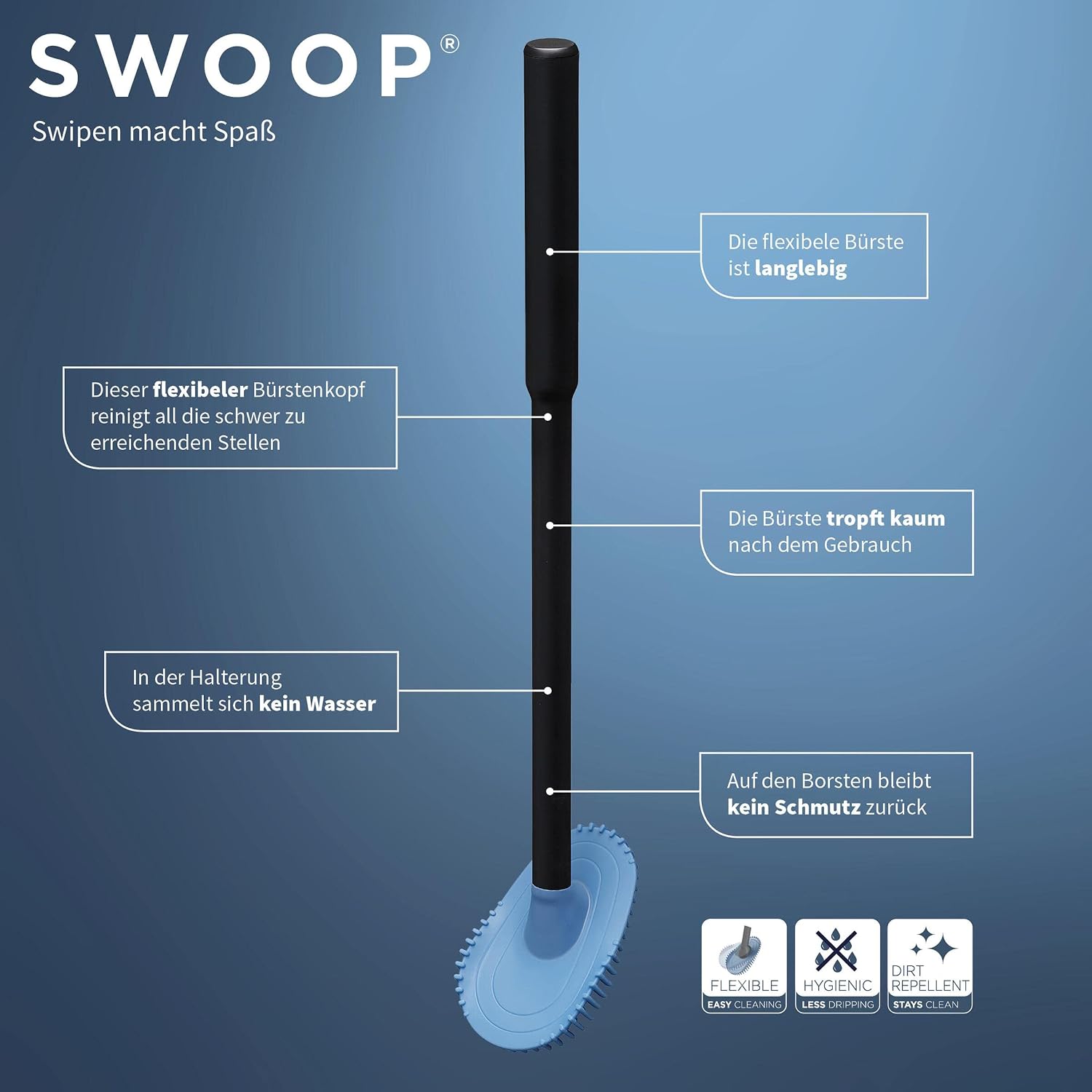 Tiger Tess, Toilet brush holder freestanding, with Swoop® brush flexible, Blue/Black, 112x112x428mm, 112x428x112 mm - Image 5