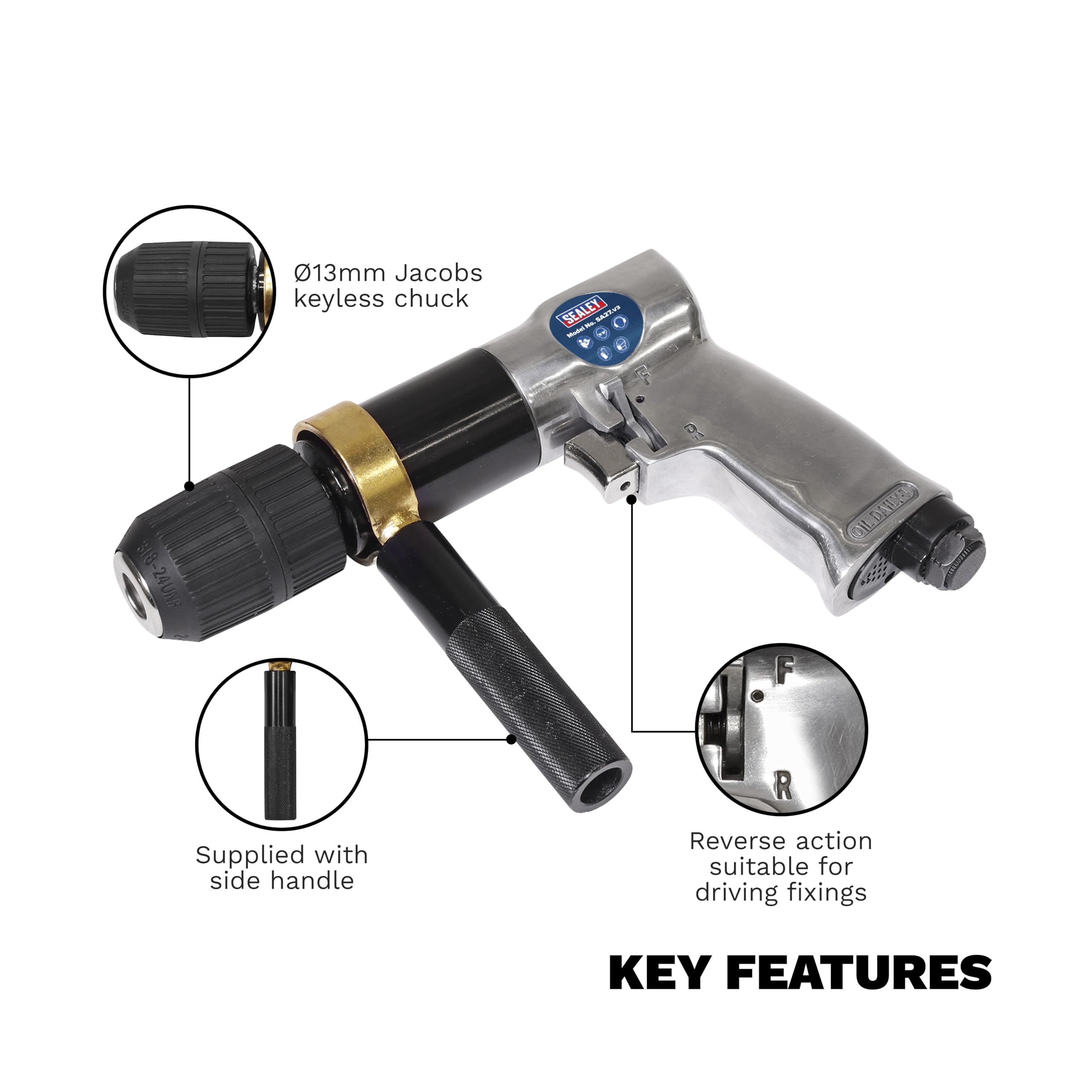 SEALEY SA27 - Trapano pneumatico reversibile con mandrino autoserrante da 13 mm e velocità 700 rpm