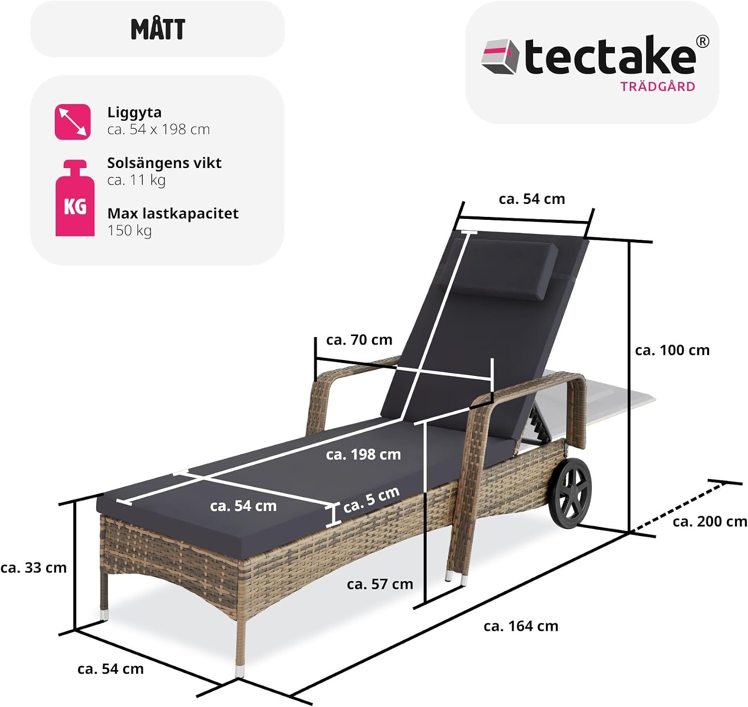 Diagram showing the dimensions of the tectake Rattan Sun Lounger