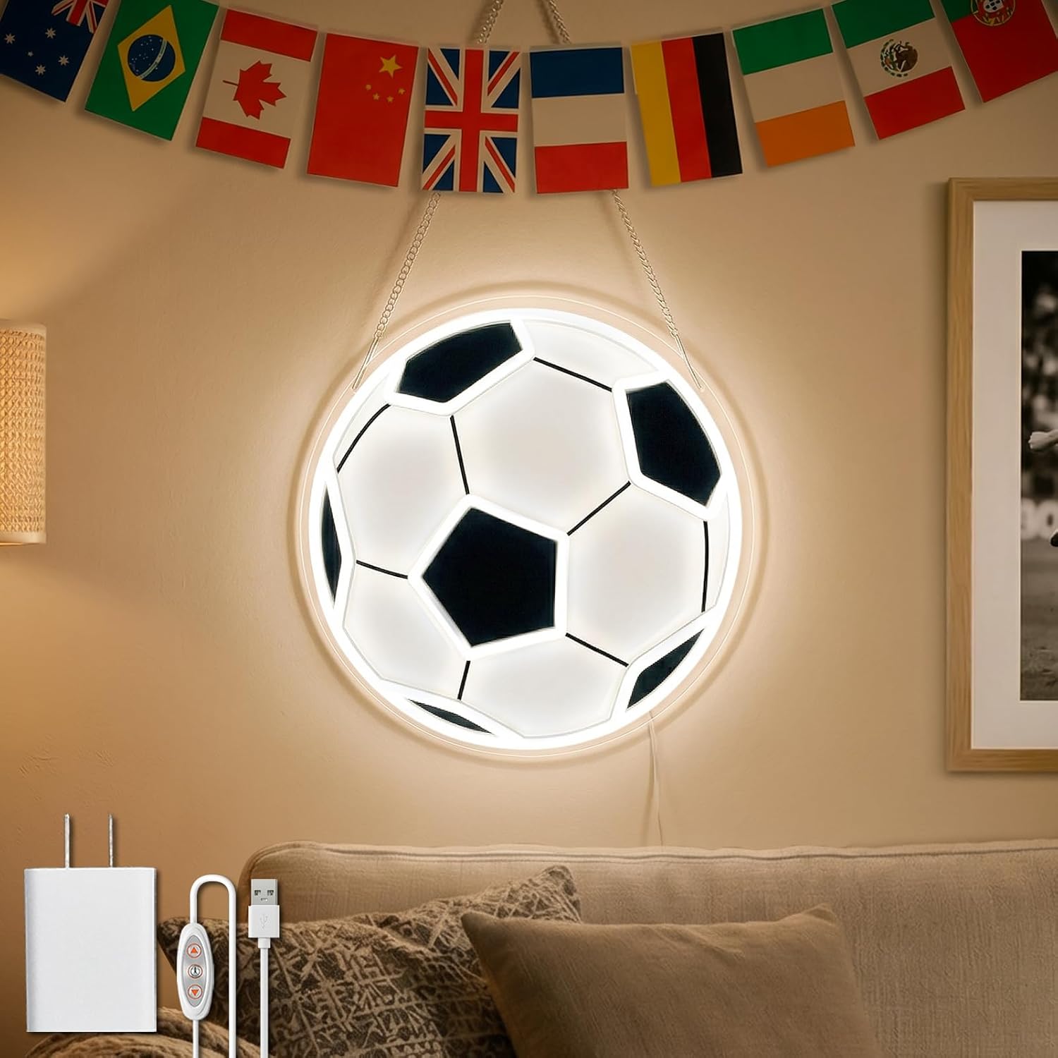 Brightown Soccer Neon Sign, LED Soccer Light for Room Decor, Eco Soccer Neon Sign for Boys Teen Wall Party Bedroom Decor, Dimmable, Timer, 12.6In x 12.6In, 1 Pack