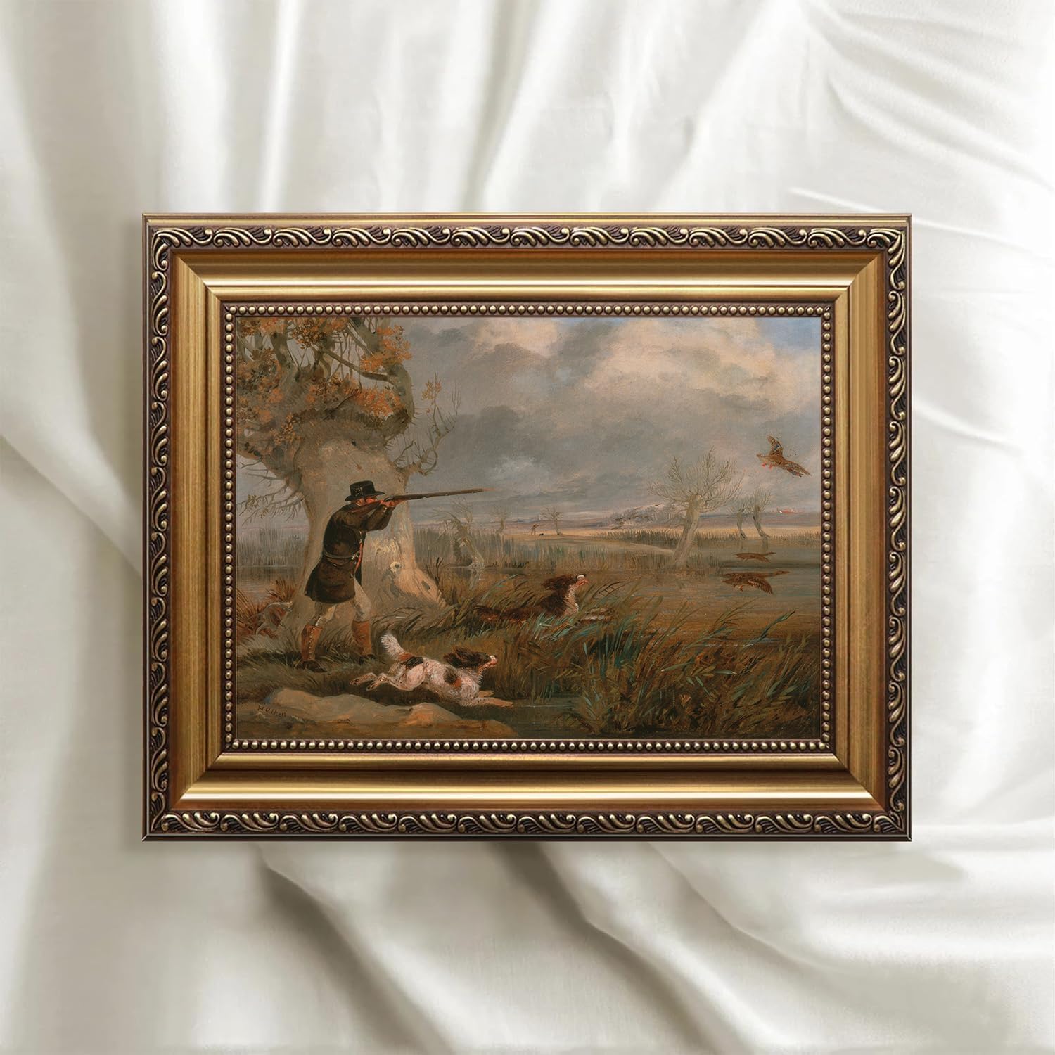 Vintage Framed Wall Art, Hunter And Dog Hunting Canvas Decor, Wildlife Hunter Scene, Classical Fall Countryside Hunting Oil Painting for Living Room Study Office 9x12 Inch