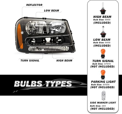 Miniatura 2 de Conjunto de faros delanteros para Chevy Trailblazer 2002-2009 con barra de parrilla de longitud completa, lado del conductor, carcasa negra con