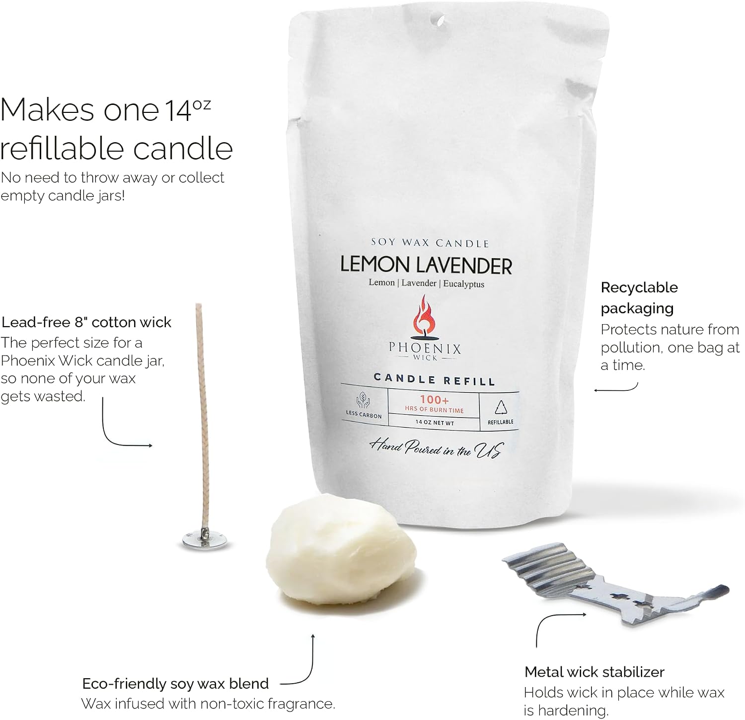 Phoenix Wick Candle Making Kit – Transform Anything Into A Candle – Candle Making Kit with Wick + 14oz Wax (Lemon Lavender Scent)