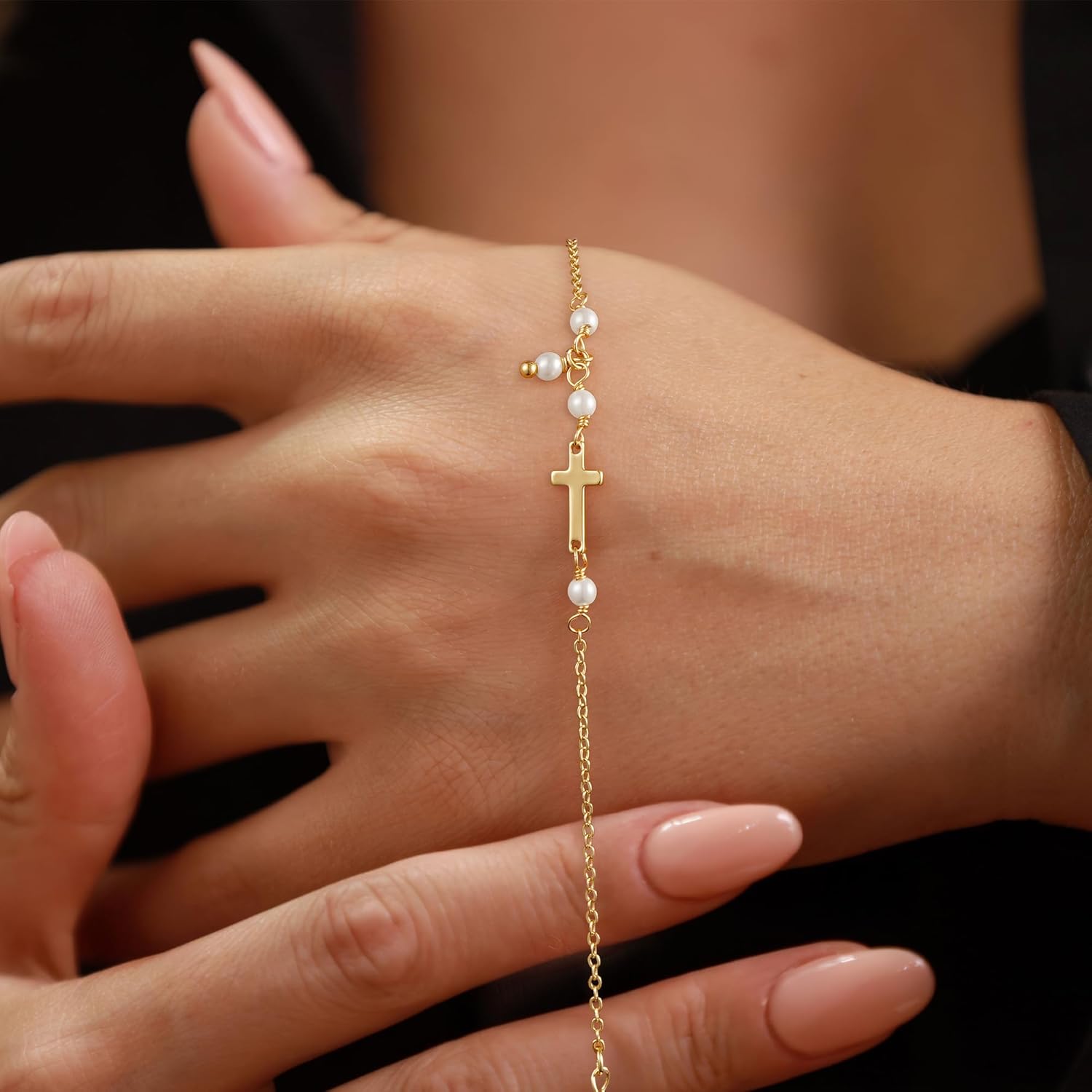 Turandoss Gold Cross Bracelets for Women - 14K Gold Plated Satellite Bead CZ Pearl Holy Mary Medal Cross Bracelet Dainty Bracelets for Women Faith Jewelry Christian Baptism Religious Gifts - Image 4