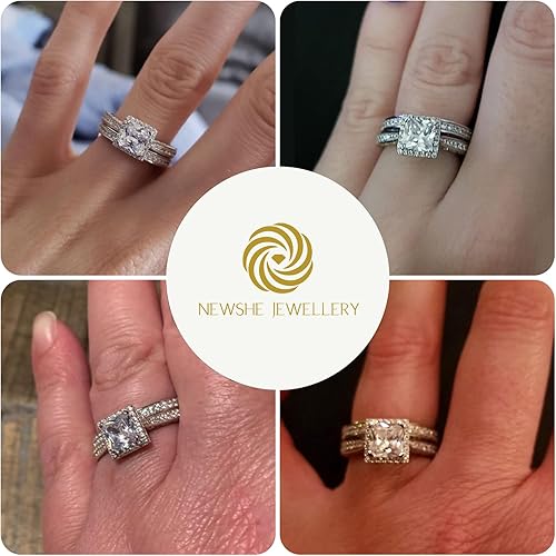 Miniatura 4 de Newshe Jewellery Anillos de Compromiso de Circonia Cúbica, Juego de Anillos de Boda para Mujer, Plata de Ley 925, Corte Princesa Blanca, Conjuntos