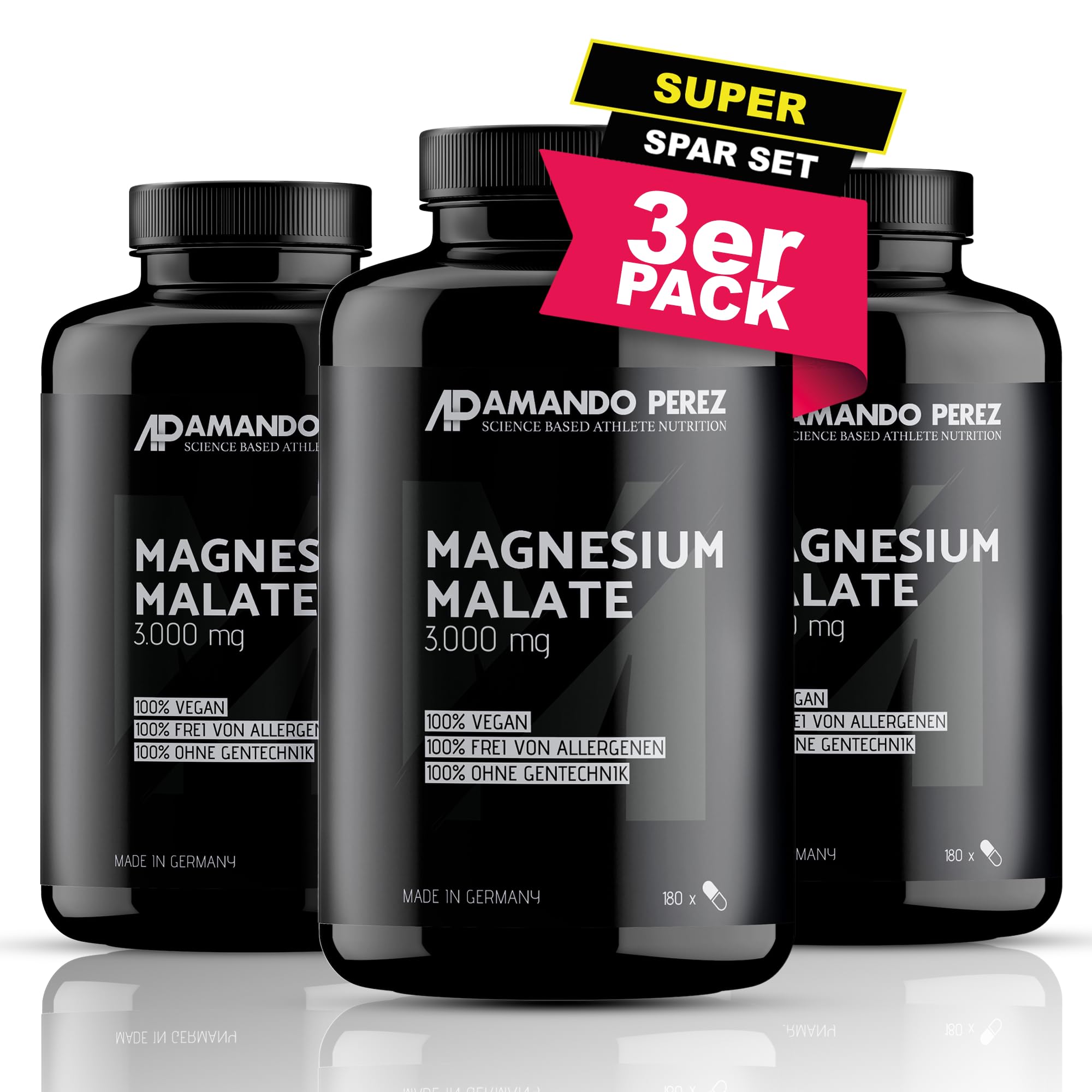 Amando Perez Magnesium Malat Tabletten 3000mg Hochdosiert - 540 Stück Magnesiummalat Vegan & Laborgeprüft (450mg Magnesium) Kapseln für Sport - Trägt zu einer normalen Muskelfunktion bei