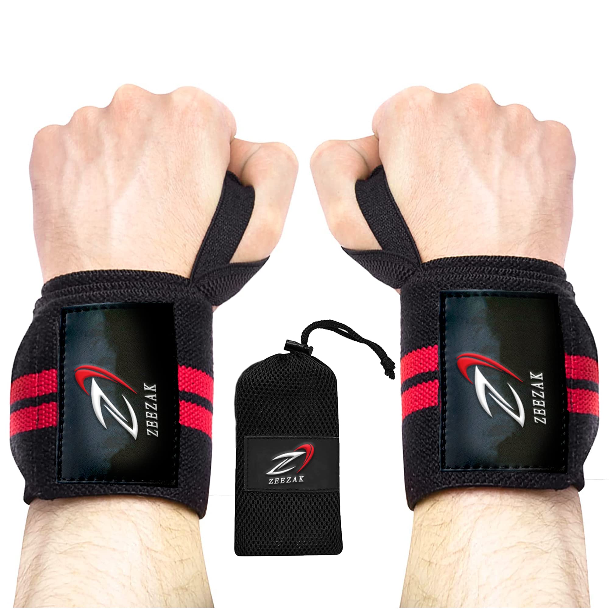 ZEEZAKNeoprene Wrist Wraps Stretchable with Thumb Loop, Weight lifting Gym wristbands, Body building, Powerlifting High Strength wrist support wraps with Carry case Gym Training