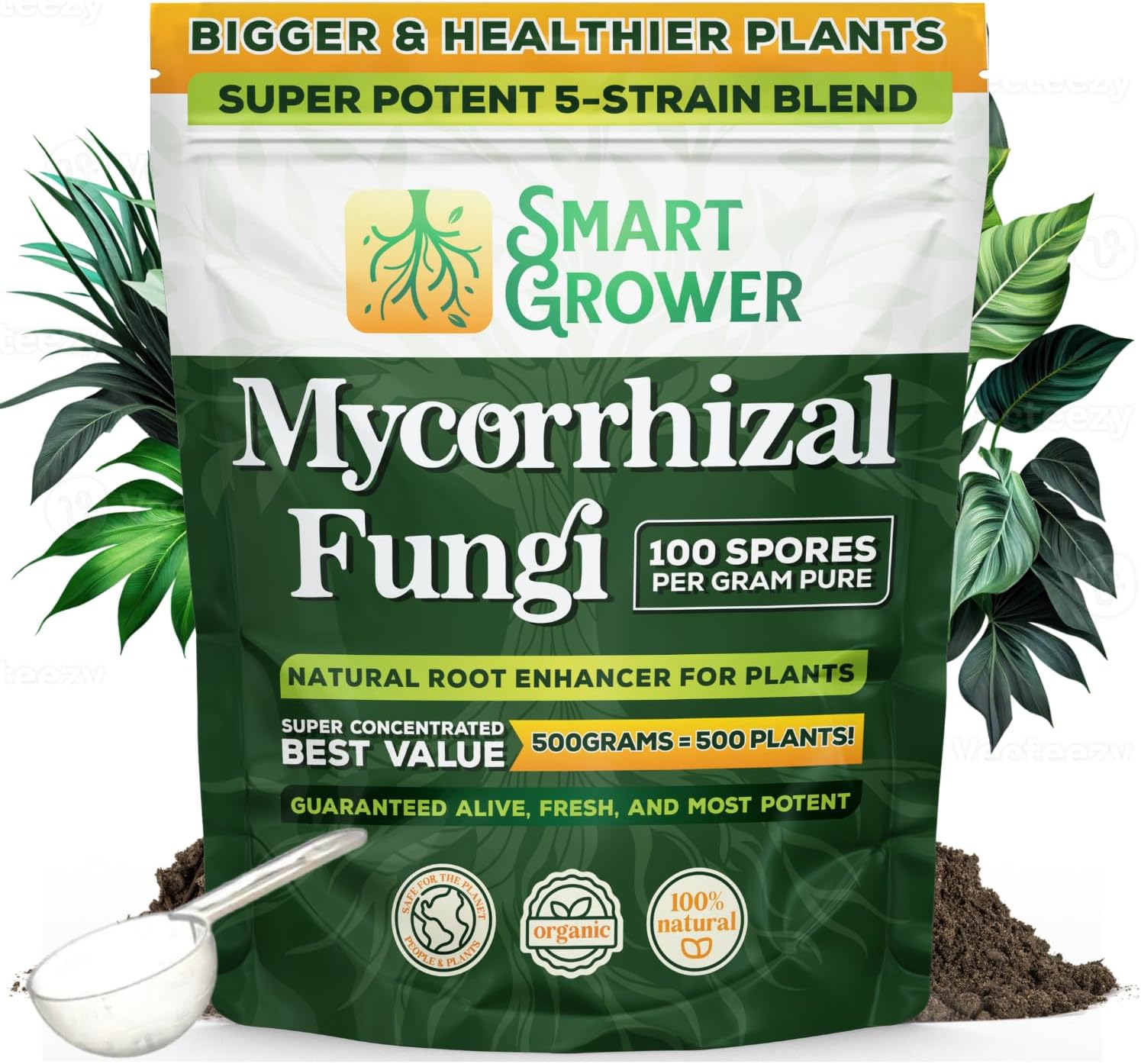 Mycorrhizal Fungi Organic Root Enhancer for Plants, Super Potent 100 Spores Per Gram, 5-Strain Blend, Rapid Results for Gardens, Houseplants, Lawns, Mycorrhizae Smart Grower 500 Grams for 500 Plants