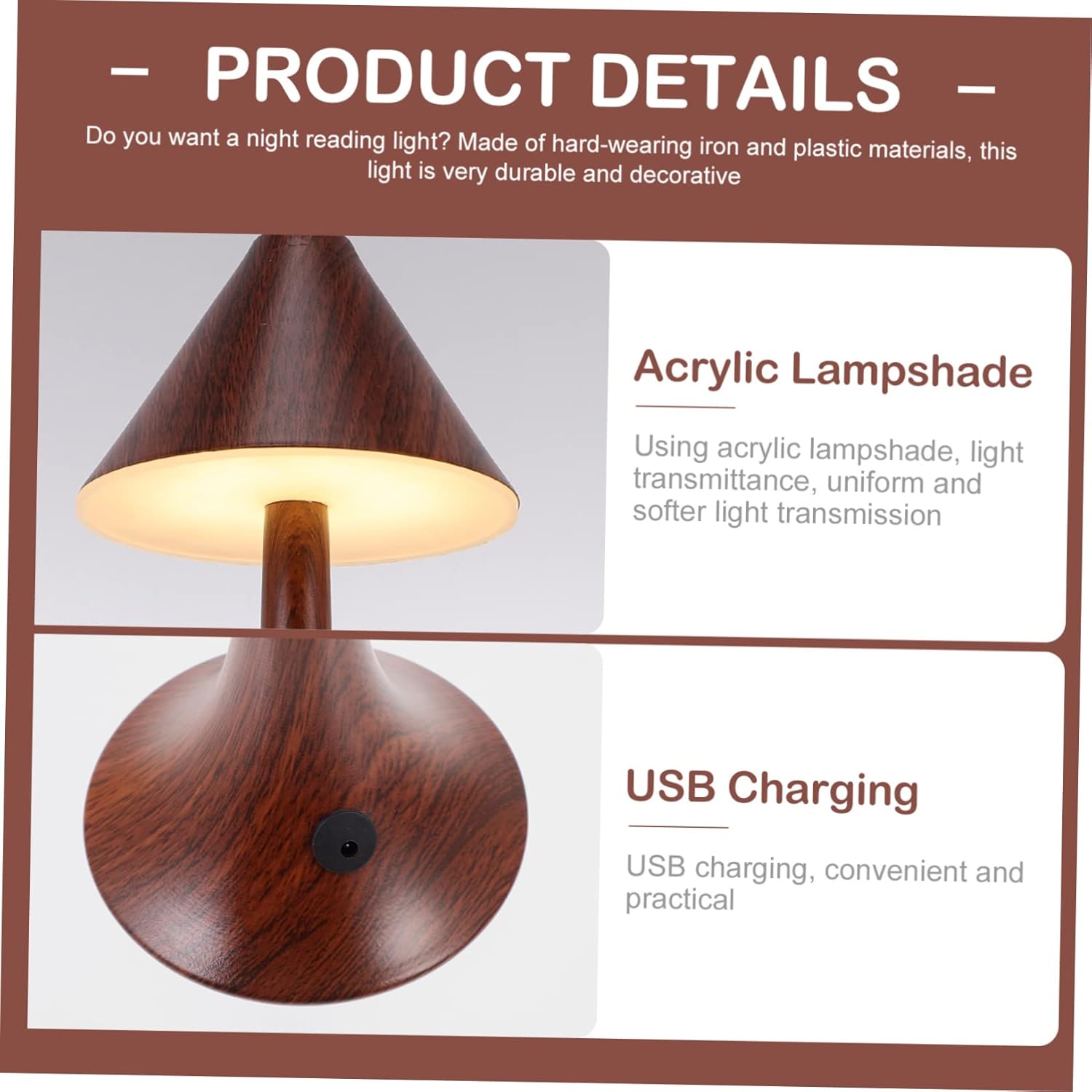 Uonlytech LED Reading Table Lamp with Wood Texture Acrylic USB Rechargeable Bedside Desk Light for Bedroom and Study Warm White Eye Caring Desktop Lamp for Reading and Decoration