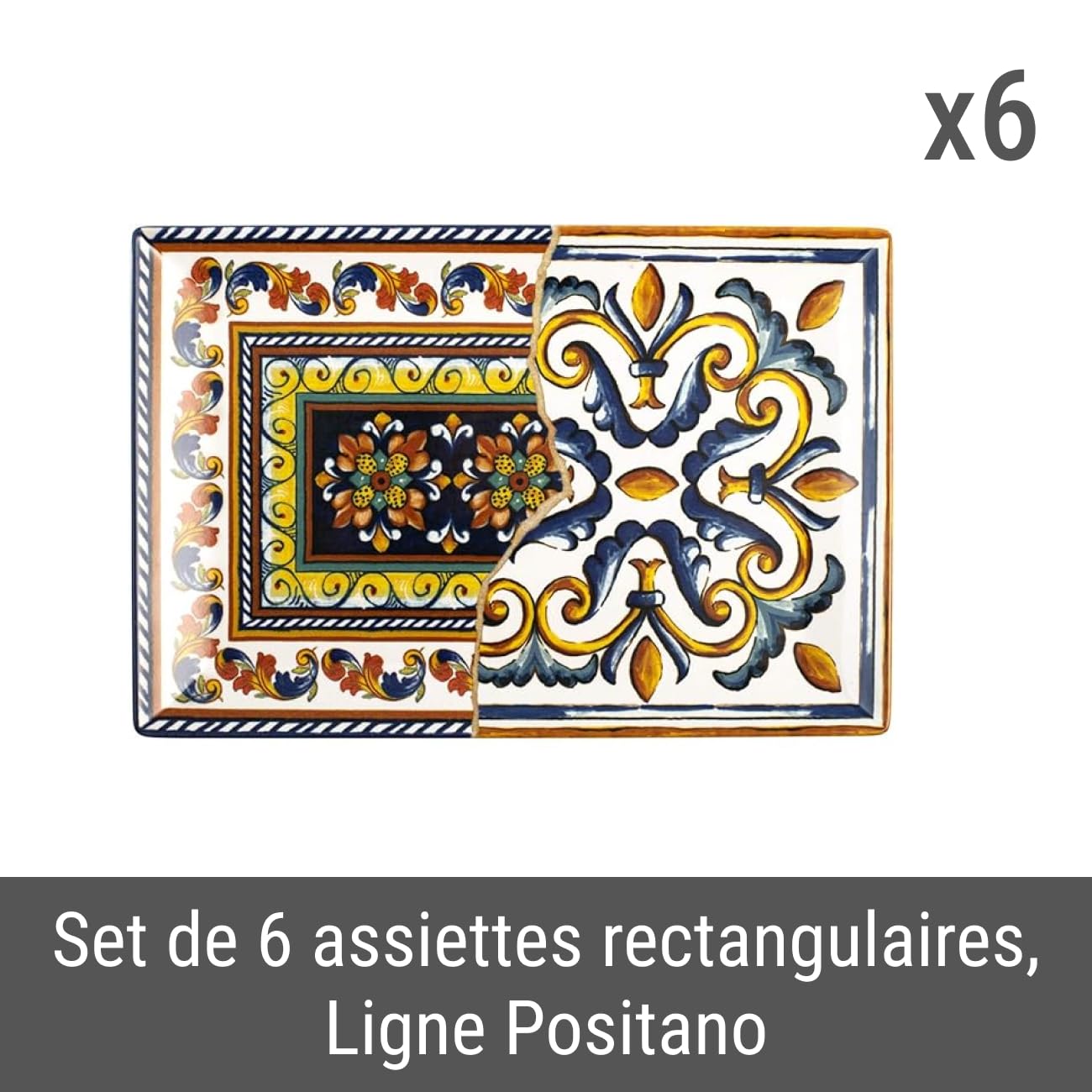 H&H Positano set de 6 assiettes rectangulaires 30x20, grès