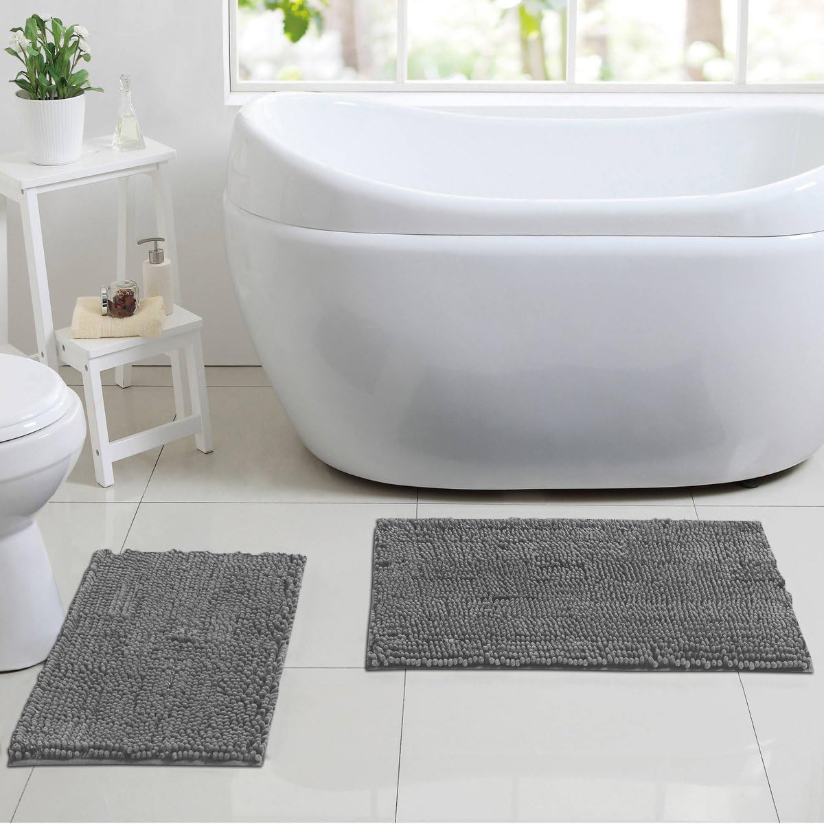 Sweet Home Collection Bath Set 2 Piece Butter Chenille Noodle Soft Luxurious Rugs Absorbent Non Slip Latex Back Microfiber Bathroom Mat, ((1) 17" x 24" & (1) 20" x 32" Silver