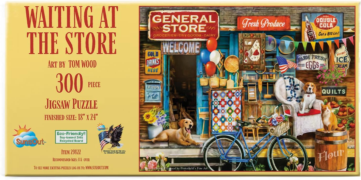 SUNSOUT INC - Waiting at the Store - 300 pc Jigsaw Puzzle by Artist: Tom Wood - Finished Size 18" x 24" - MPN# 29822