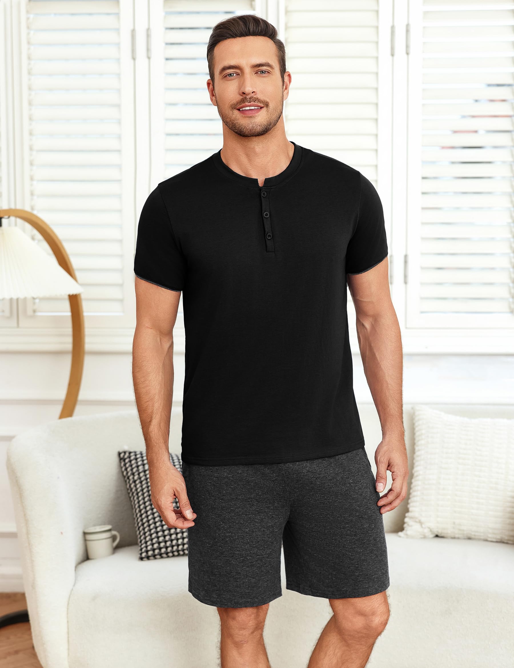 Uniexcosm Schlafanzug Herren Kurz Zweiteiliger Pyjama Set Kurzarm Nachtwäsche und Schlafshorts Sommer-Pyjama für Männer