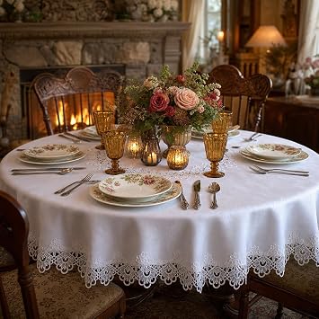 ARTABLE White Round Lace Tablecloth Macrame Embroidered Modern Decor 60Inch
