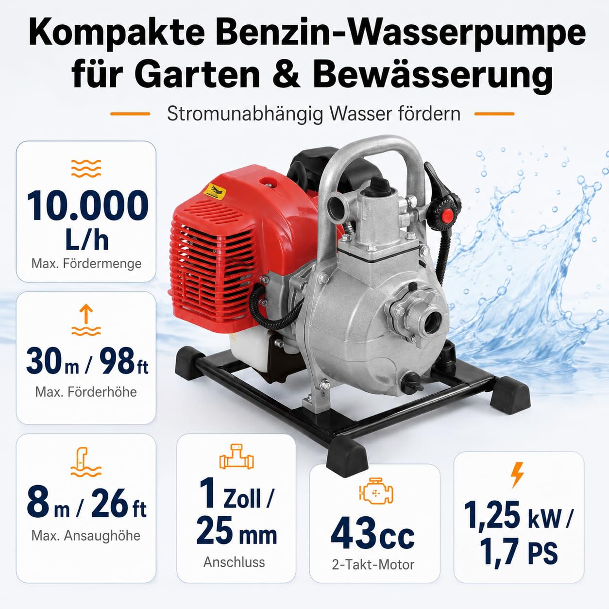 Bomba de agua de gasolina de 2 tiempos, 43 cc, con 135 l/min (color plateado)