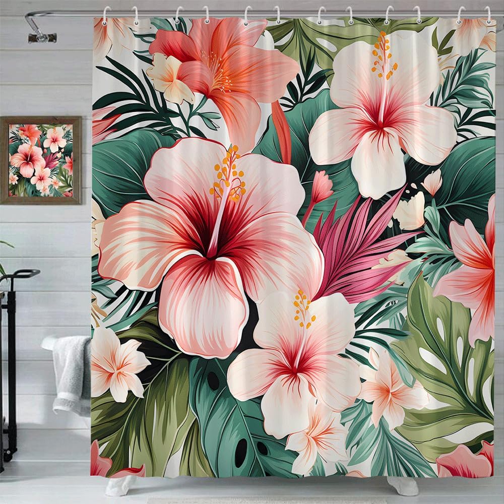 Pink Tropical Flowers Shower Curtain Jungle Rainforest Blooming Hibiscus Orchid Floral Hawaii Green Palm Leaf Banana Leaves Plants Botanical Nature Girls Polyester Fabric Bathroom Curtain with Hooks